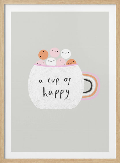 A cute art print of a white, textured mug on a light grey background. The mug is filled with smiling pink, white, and orange marshmallow-like characters. The phrase 'a cup of happy' is written on the front in a black handwritten font. The handle of the mug is decorated with rainbow stripes. Print