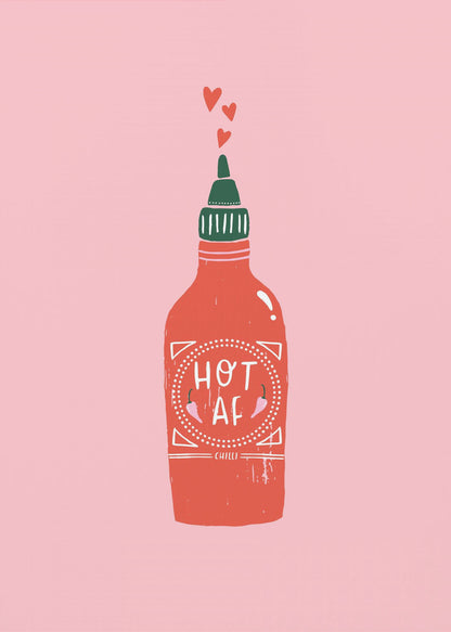 A graphic illustration of a red hot sauce bottle with a green cap on a pink background. The label on the bottle humorously reads 'HOT AF'. Three small red hearts float up from the nozzle, all enclosed within a thin black frame. Wall Art