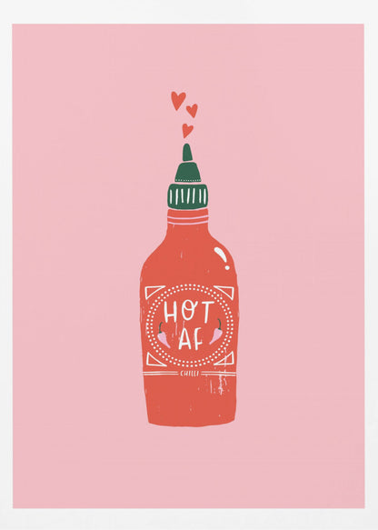 A graphic illustration of a red hot sauce bottle with a green cap on a pink background. The label on the bottle humorously reads 'HOT AF'. Three small red hearts float up from the nozzle, all enclosed within a thin black frame. Wall Art