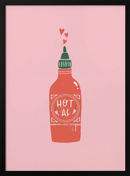 A graphic illustration of a red hot sauce bottle with a green cap on a pink background. The label on the bottle humorously reads 'HOT AF'. Three small red hearts float up from the nozzle, all enclosed within a thin black frame. Wall Art