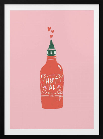 A graphic illustration of a red hot sauce bottle with a green cap on a pink background. The label on the bottle humorously reads 'HOT AF'. Three small red hearts float up from the nozzle, all enclosed within a thin black frame. Wall Art