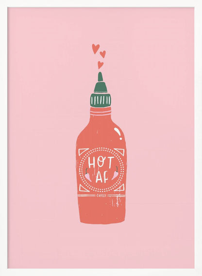 A graphic illustration of a red hot sauce bottle with a green cap on a pink background. The label on the bottle humorously reads 'HOT AF'. Three small red hearts float up from the nozzle, all enclosed within a thin black frame. Wall Art
