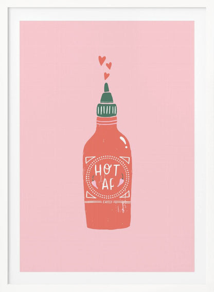 A graphic illustration of a red hot sauce bottle with a green cap on a pink background. The label on the bottle humorously reads 'HOT AF'. Three small red hearts float up from the nozzle, all enclosed within a thin black frame. Wall Art