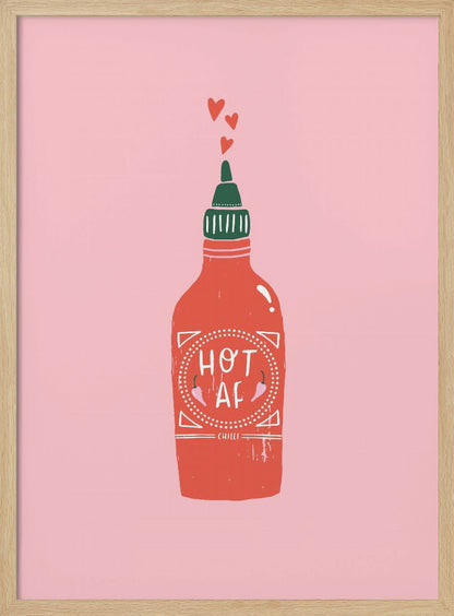 A graphic illustration of a red hot sauce bottle with a green cap on a pink background. The label on the bottle humorously reads 'HOT AF'. Three small red hearts float up from the nozzle, all enclosed within a thin black frame. Wall Art