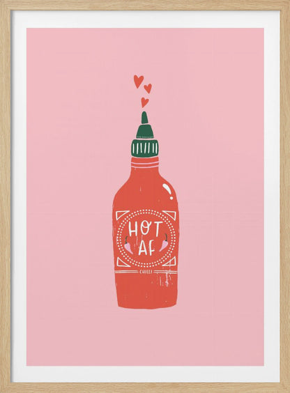 A graphic illustration of a red hot sauce bottle with a green cap on a pink background. The label on the bottle humorously reads 'HOT AF'. Three small red hearts float up from the nozzle, all enclosed within a thin black frame. Wall Art