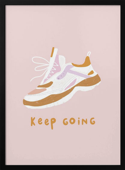 A motivational poster with a light pink background featuring an illustration of a chunky sneaker in white, brown, and purple. Below the shoe, the phrase 'Keep Going' is written in a casual, mustard-colored font. Poster