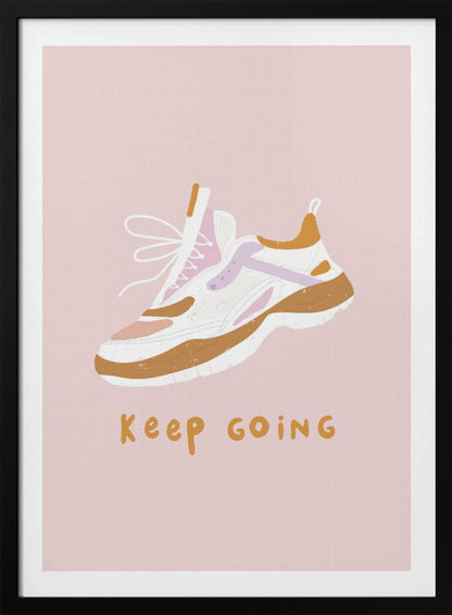 A motivational poster with a light pink background featuring an illustration of a chunky sneaker in white, brown, and purple. Below the shoe, the phrase 'Keep Going' is written in a casual, mustard-colored font. Poster