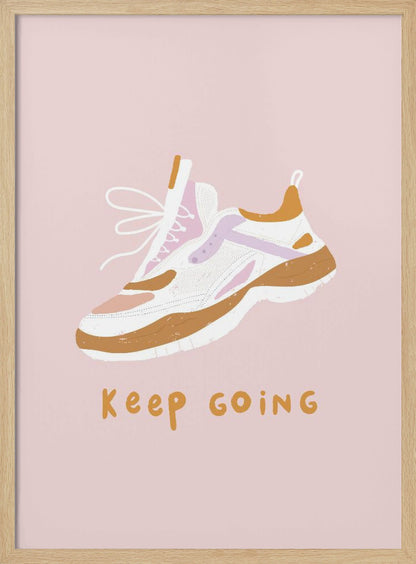 A motivational poster with a light pink background featuring an illustration of a chunky sneaker in white, brown, and purple. Below the shoe, the phrase 'Keep Going' is written in a casual, mustard-colored font. Poster