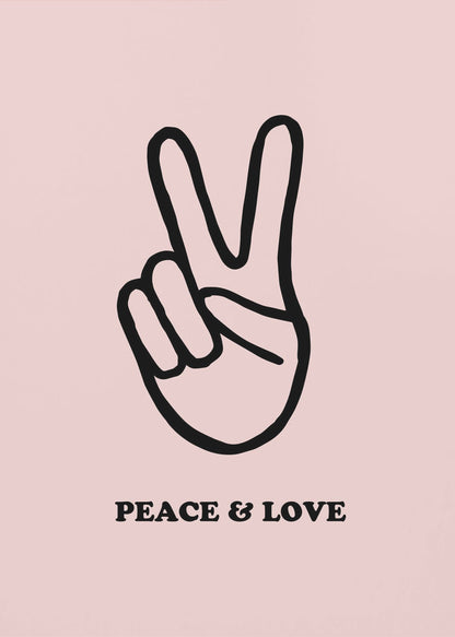 A minimalist art print with a light pink background featuring a bold black outline of a hand making a peace sign. Below the hand, the words 'PEACE & LOVE' are printed in a black serif font. The print is enclosed in a simple black frame. Print