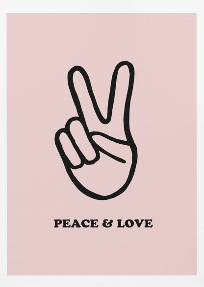 A minimalist art print with a light pink background featuring a bold black outline of a hand making a peace sign. Below the hand, the words 'PEACE & LOVE' are printed in a black serif font. The print is enclosed in a simple black frame. Print