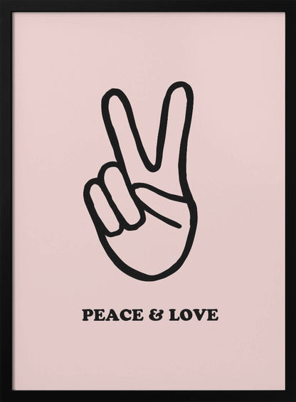 A minimalist art print with a light pink background featuring a bold black outline of a hand making a peace sign. Below the hand, the words 'PEACE & LOVE' are printed in a black serif font. The print is enclosed in a simple black frame. Print