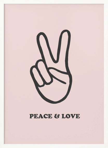 A minimalist art print with a light pink background featuring a bold black outline of a hand making a peace sign. Below the hand, the words 'PEACE & LOVE' are printed in a black serif font. The print is enclosed in a simple black frame. Print