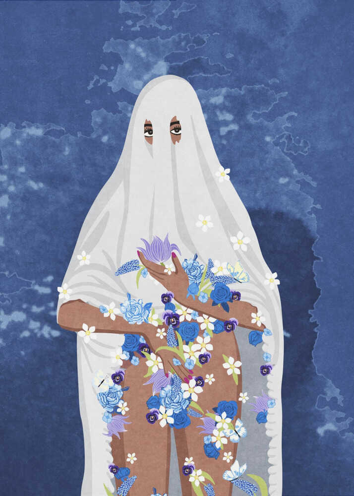 An illustration of a person with brown skin wearing a white ghost sheet against a deep blue, textured background. Their eyes peek through holes in the sheet, and their arms and legs are adorned with a cascade of blue, purple, and white flowers. Wall Art