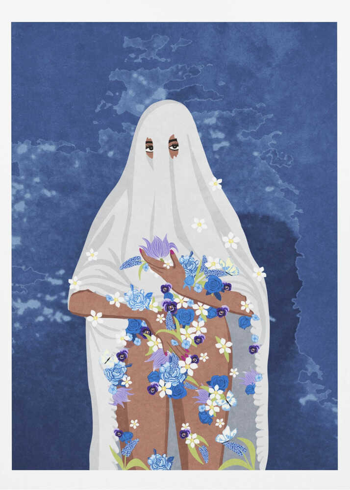 An illustration of a person with brown skin wearing a white ghost sheet against a deep blue, textured background. Their eyes peek through holes in the sheet, and their arms and legs are adorned with a cascade of blue, purple, and white flowers. Wall Art
