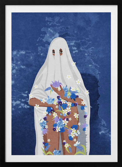 An illustration of a person with brown skin wearing a white ghost sheet against a deep blue, textured background. Their eyes peek through holes in the sheet, and their arms and legs are adorned with a cascade of blue, purple, and white flowers. Wall Art