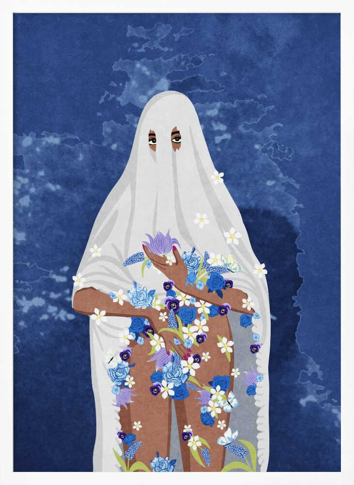 An illustration of a person with brown skin wearing a white ghost sheet against a deep blue, textured background. Their eyes peek through holes in the sheet, and their arms and legs are adorned with a cascade of blue, purple, and white flowers. Wall Art