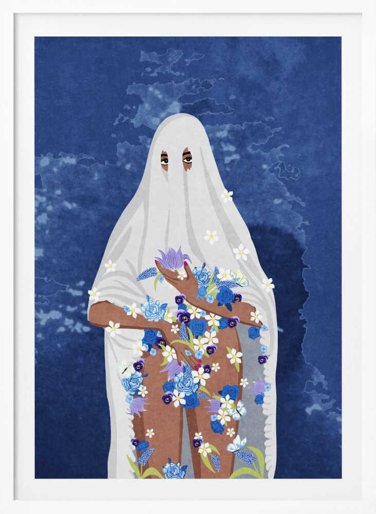 An illustration of a person with brown skin wearing a white ghost sheet against a deep blue, textured background. Their eyes peek through holes in the sheet, and their arms and legs are adorned with a cascade of blue, purple, and white flowers. Wall Art
