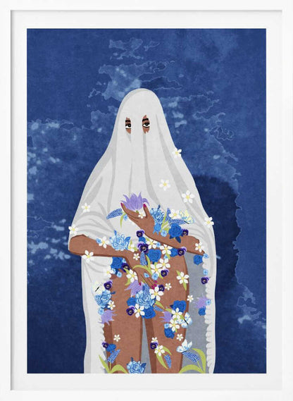 An illustration of a person with brown skin wearing a white ghost sheet against a deep blue, textured background. Their eyes peek through holes in the sheet, and their arms and legs are adorned with a cascade of blue, purple, and white flowers. Wall Art