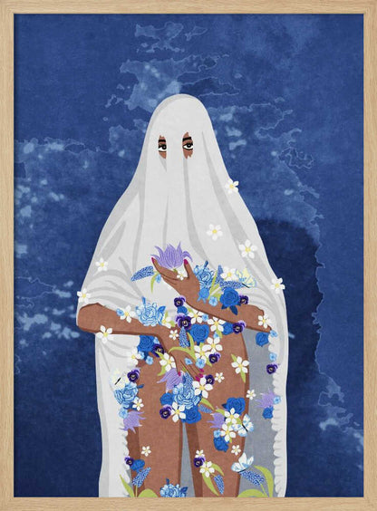 An illustration of a person with brown skin wearing a white ghost sheet against a deep blue, textured background. Their eyes peek through holes in the sheet, and their arms and legs are adorned with a cascade of blue, purple, and white flowers. Wall Art