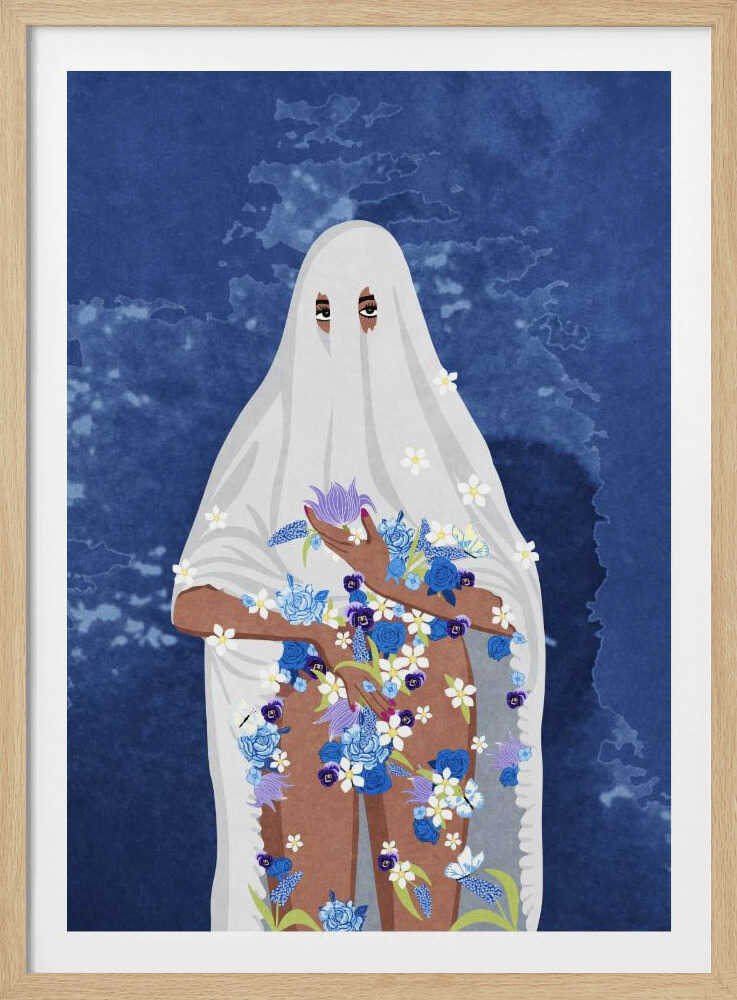 An illustration of a person with brown skin wearing a white ghost sheet against a deep blue, textured background. Their eyes peek through holes in the sheet, and their arms and legs are adorned with a cascade of blue, purple, and white flowers. Wall Art