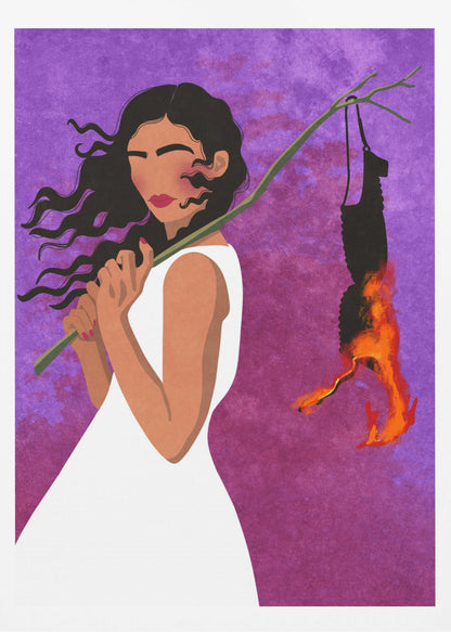A graphic illustration of a woman with long, dark hair in a white dress, set against a vibrant purple background. She holds a branch over her shoulder from which a black object, possibly a bra, hangs and burns with bright orange flames. Artwork