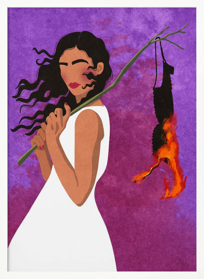 A graphic illustration of a woman with long, dark hair in a white dress, set against a vibrant purple background. She holds a branch over her shoulder from which a black object, possibly a bra, hangs and burns with bright orange flames. Artwork