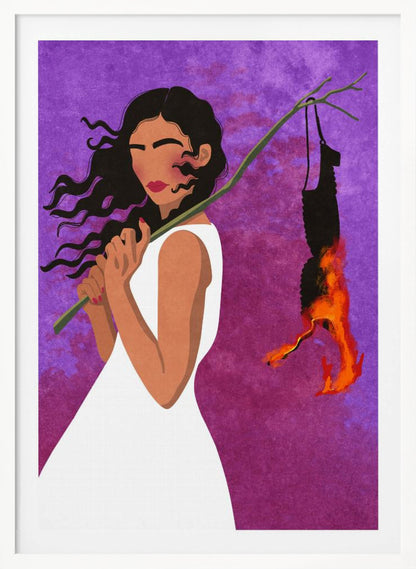 A graphic illustration of a woman with long, dark hair in a white dress, set against a vibrant purple background. She holds a branch over her shoulder from which a black object, possibly a bra, hangs and burns with bright orange flames. Artwork