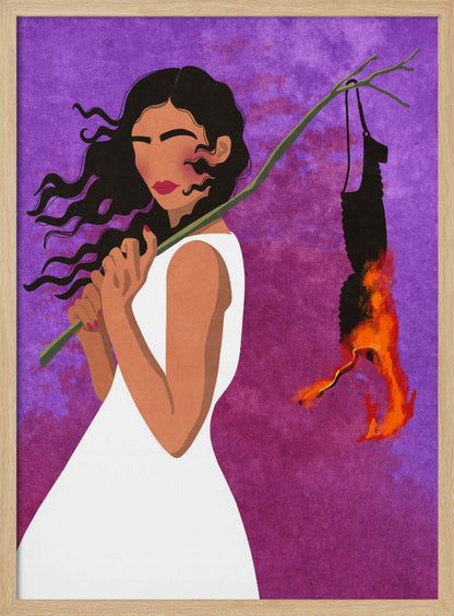A graphic illustration of a woman with long, dark hair in a white dress, set against a vibrant purple background. She holds a branch over her shoulder from which a black object, possibly a bra, hangs and burns with bright orange flames. Artwork