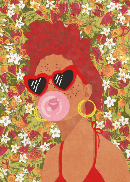 A vibrant pop art illustration of a woman with curly red hair, wearing red heart-shaped sunglasses and a matching bikini. She is blowing a pink bubblegum bubble against a busy background of strawberries and white flowers. Poster