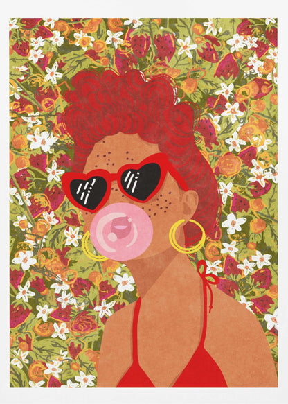 A vibrant pop art illustration of a woman with curly red hair, wearing red heart-shaped sunglasses and a matching bikini. She is blowing a pink bubblegum bubble against a busy background of strawberries and white flowers. Poster
