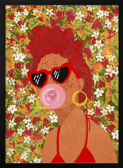 A vibrant pop art illustration of a woman with curly red hair, wearing red heart-shaped sunglasses and a matching bikini. She is blowing a pink bubblegum bubble against a busy background of strawberries and white flowers. Poster