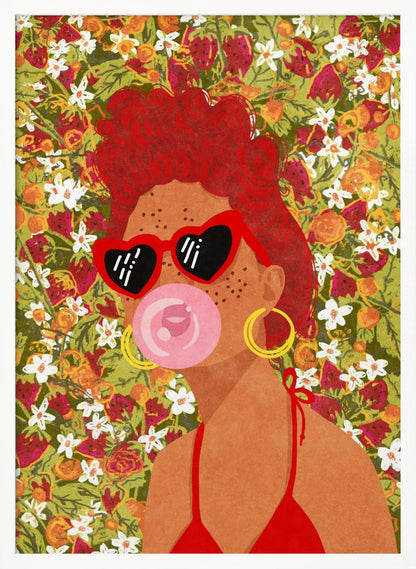A vibrant pop art illustration of a woman with curly red hair, wearing red heart-shaped sunglasses and a matching bikini. She is blowing a pink bubblegum bubble against a busy background of strawberries and white flowers. Poster