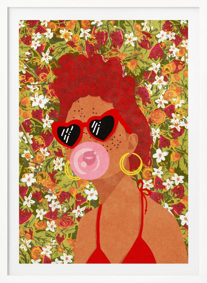 A vibrant pop art illustration of a woman with curly red hair, wearing red heart-shaped sunglasses and a matching bikini. She is blowing a pink bubblegum bubble against a busy background of strawberries and white flowers. Poster