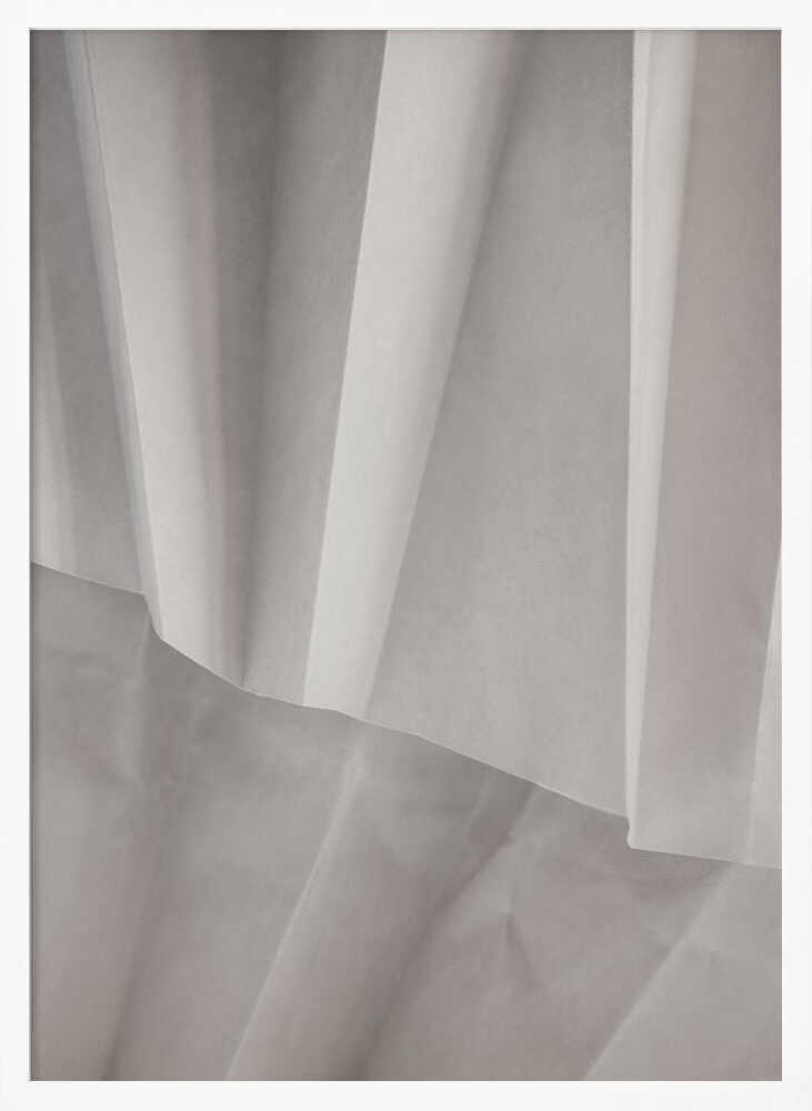 Abstract art print of folded white fabric or paper creating soft lines and deep shadows.