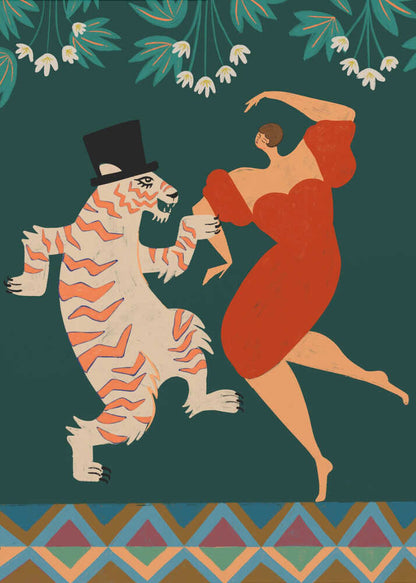 A whimsical illustration of a woman in a flowing red dress dancing with a cartoonish tiger wearing a black top hat. The background is a solid dark green with stylized white flowers and leaves at the top, and a colorful geometric pattern at the bottom. Artwork