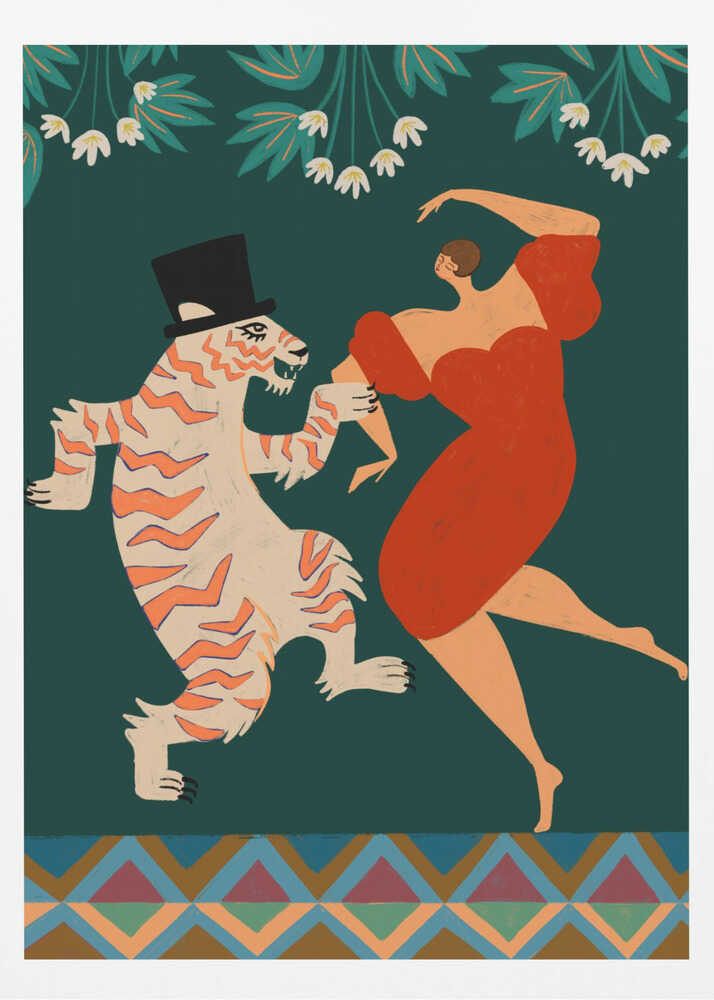 A whimsical illustration of a woman in a flowing red dress dancing with a cartoonish tiger wearing a black top hat. The background is a solid dark green with stylized white flowers and leaves at the top, and a colorful geometric pattern at the bottom. Artwork