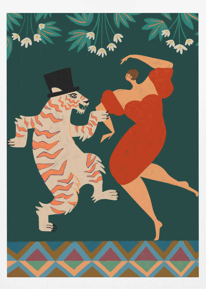 A whimsical illustration of a woman in a flowing red dress dancing with a cartoonish tiger wearing a black top hat. The background is a solid dark green with stylized white flowers and leaves at the top, and a colorful geometric pattern at the bottom. Artwork