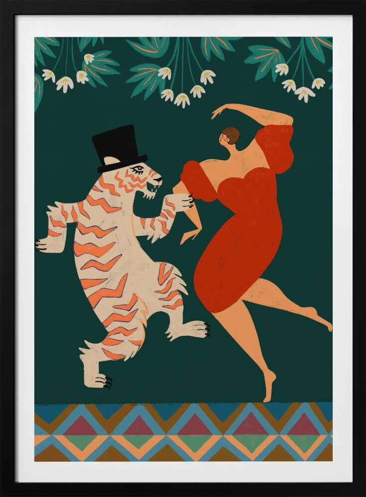 A whimsical illustration of a woman in a flowing red dress dancing with a cartoonish tiger wearing a black top hat. The background is a solid dark green with stylized white flowers and leaves at the top, and a colorful geometric pattern at the bottom. Artwork