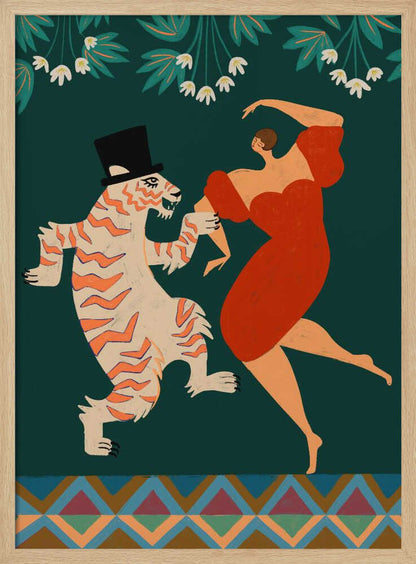 A whimsical illustration of a woman in a flowing red dress dancing with a cartoonish tiger wearing a black top hat. The background is a solid dark green with stylized white flowers and leaves at the top, and a colorful geometric pattern at the bottom. Artwork