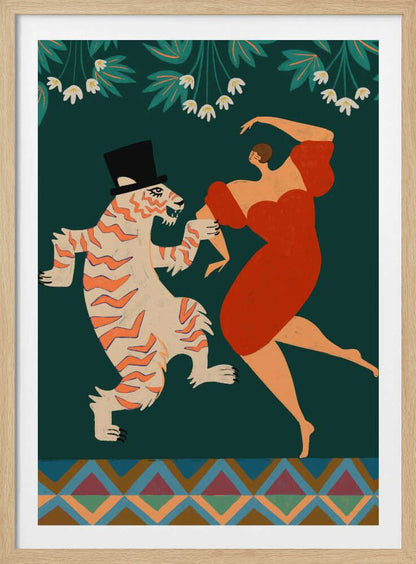 A whimsical illustration of a woman in a flowing red dress dancing with a cartoonish tiger wearing a black top hat. The background is a solid dark green with stylized white flowers and leaves at the top, and a colorful geometric pattern at the bottom. Artwork