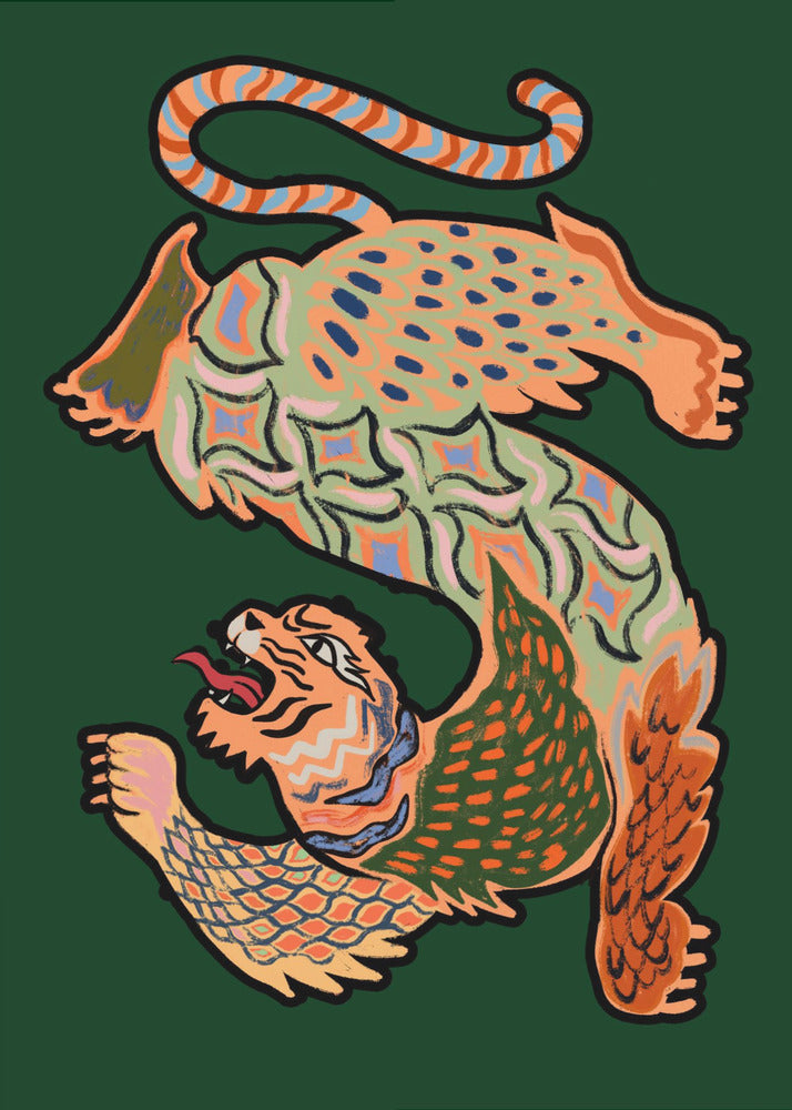 A vibrantly colored, stylized illustration of a winged, serpentine tiger forming the shape of the letter 'S' on a dark green background. The creature is decorated with intricate patterns in orange, green, and blue and has a roaring tiger head at its base. Print