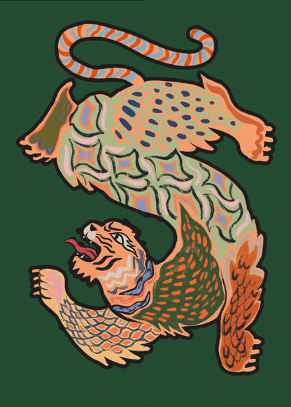 A vibrantly colored, stylized illustration of a winged, serpentine tiger forming the shape of the letter 'S' on a dark green background. The creature is decorated with intricate patterns in orange, green, and blue and has a roaring tiger head at its base. Print