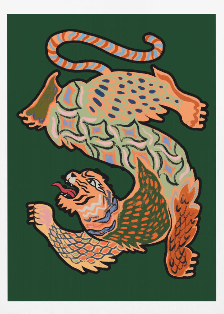 A vibrantly colored, stylized illustration of a winged, serpentine tiger forming the shape of the letter 'S' on a dark green background. The creature is decorated with intricate patterns in orange, green, and blue and has a roaring tiger head at its base. Print