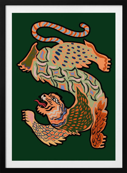 A vibrantly colored, stylized illustration of a winged, serpentine tiger forming the shape of the letter 'S' on a dark green background. The creature is decorated with intricate patterns in orange, green, and blue and has a roaring tiger head at its base. Print