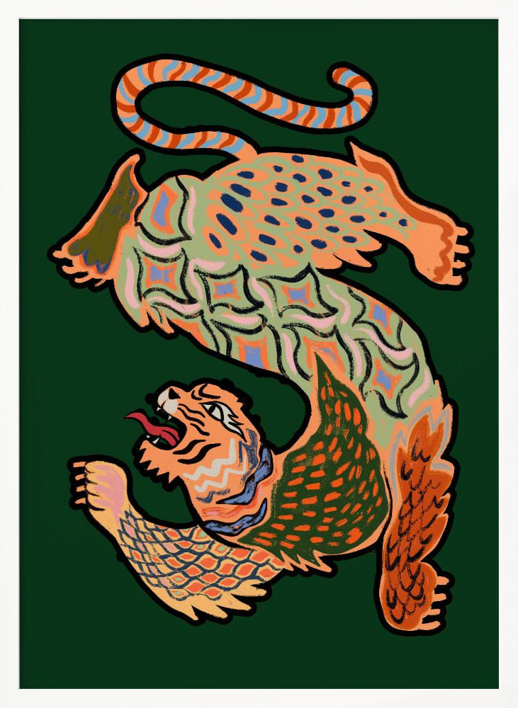 A vibrantly colored, stylized illustration of a winged, serpentine tiger forming the shape of the letter 'S' on a dark green background. The creature is decorated with intricate patterns in orange, green, and blue and has a roaring tiger head at its base. Print