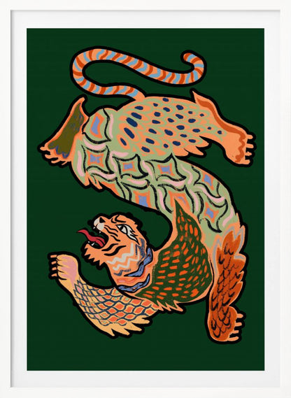 A vibrantly colored, stylized illustration of a winged, serpentine tiger forming the shape of the letter 'S' on a dark green background. The creature is decorated with intricate patterns in orange, green, and blue and has a roaring tiger head at its base. Print