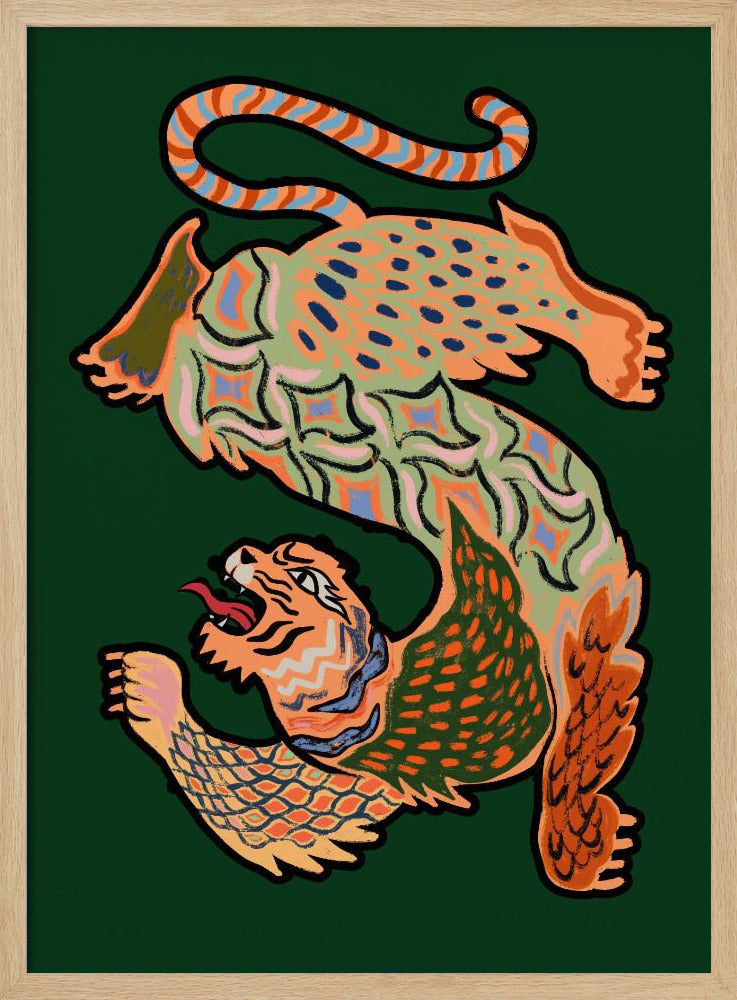 A vibrantly colored, stylized illustration of a winged, serpentine tiger forming the shape of the letter 'S' on a dark green background. The creature is decorated with intricate patterns in orange, green, and blue and has a roaring tiger head at its base. Print