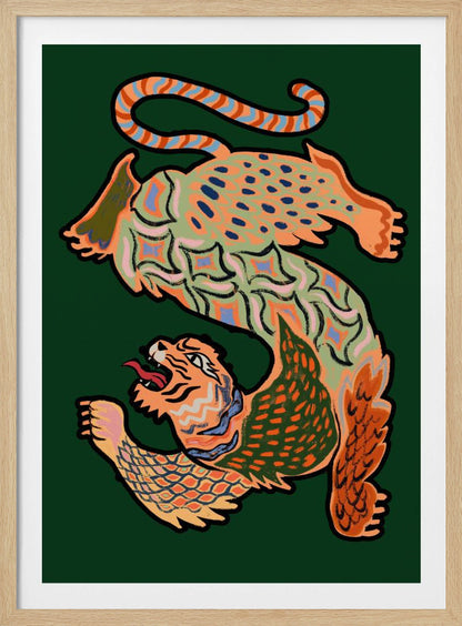 A vibrantly colored, stylized illustration of a winged, serpentine tiger forming the shape of the letter 'S' on a dark green background. The creature is decorated with intricate patterns in orange, green, and blue and has a roaring tiger head at its base. Print