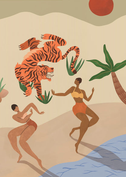 A modern, stylized illustration of a beach scene featuring a large, leaping orange tiger with black stripes. Two dark-skinned women in bikinis dance on the sand near a palm tree and blue water, under a red sun. Print