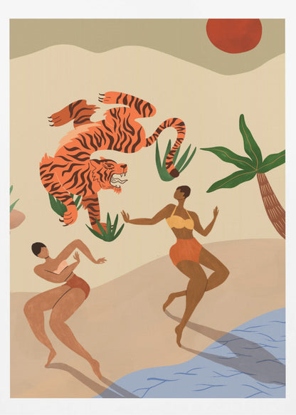 A modern, stylized illustration of a beach scene featuring a large, leaping orange tiger with black stripes. Two dark-skinned women in bikinis dance on the sand near a palm tree and blue water, under a red sun. Print